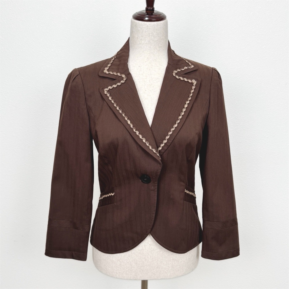 Vtg Y2K Focus 2000 Blazer Womens 2 Brown Fitted Preppy‎ Retro Monica Friends
